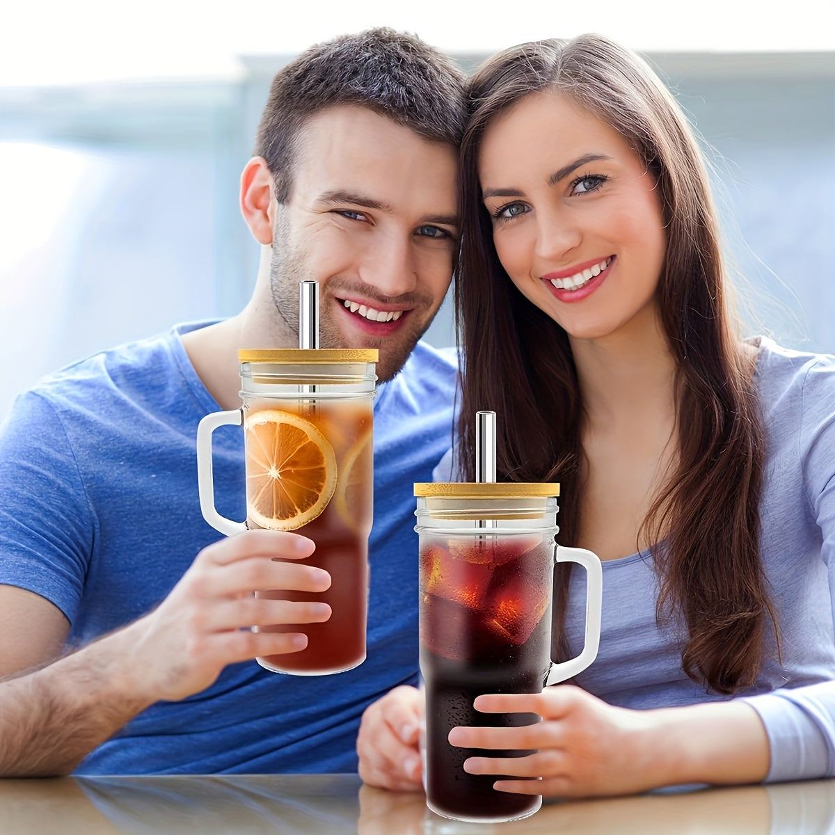 4pcs Handle Glass Cup, Reusable With Lid And Straw Wide Mouth Glass Cup, Boba Cup Smoothie Cup Iced Coffee Cup Car Cup, Free Straw Brush And Cup Brush
