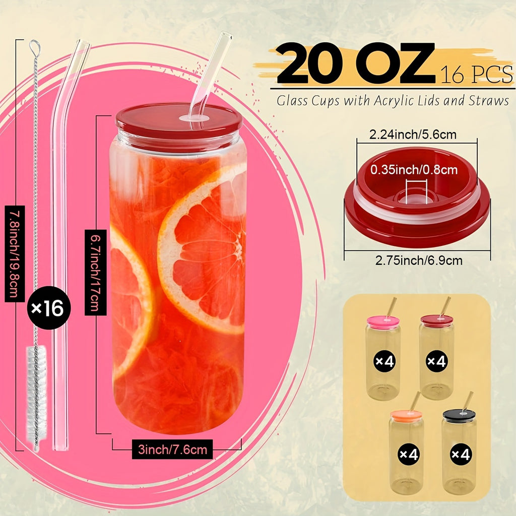 20 Oz Glass Cups With Acrylic Lids And Straws 16 Pcs Can Shaped Glass Iced Coffee Cups With Lids, Drinking Jar Glasses Cute Tumbler Cup Great For Smoothie Soda Boba Tea Cocktail Beer Gift