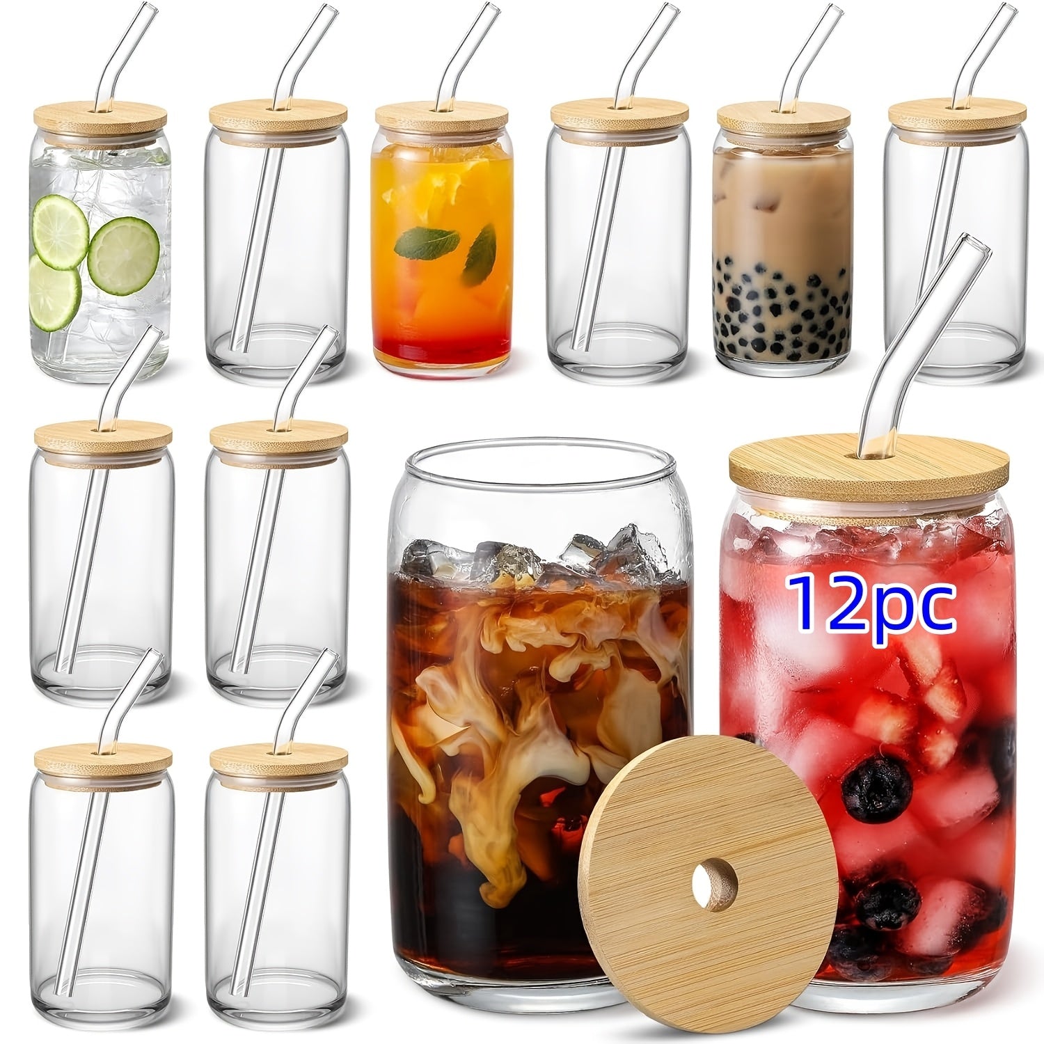12, Glass Cups, 17.8oz/550ml Glass Cup with Lid And Straw, Mason Jar Drinking Cup, Iced Coffee Cup, Glass Cup with Bamboo Lid, Cute Cup, Reusable Straw, Suitable for Family Gatherings for business