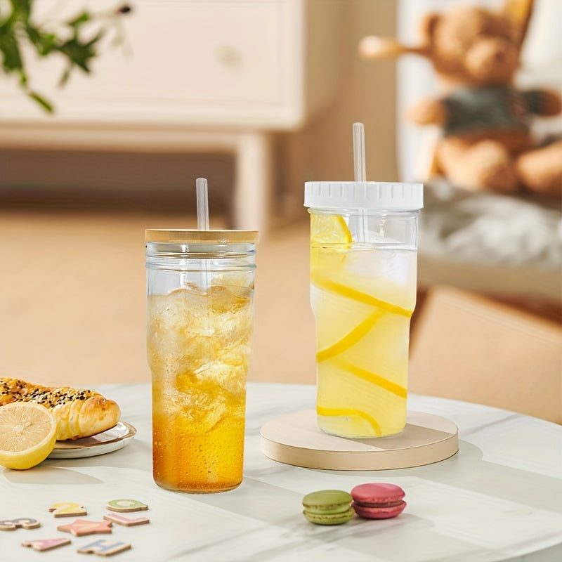 Pack of 4, Glass Cups with Bamboo Lids and Glass Straws 24oz, Glass Tumbler with Two Lid and Straw-Wide Mouth, Boba Cup Smoothie Tumbler Iced Coffee Cup Travel Mug