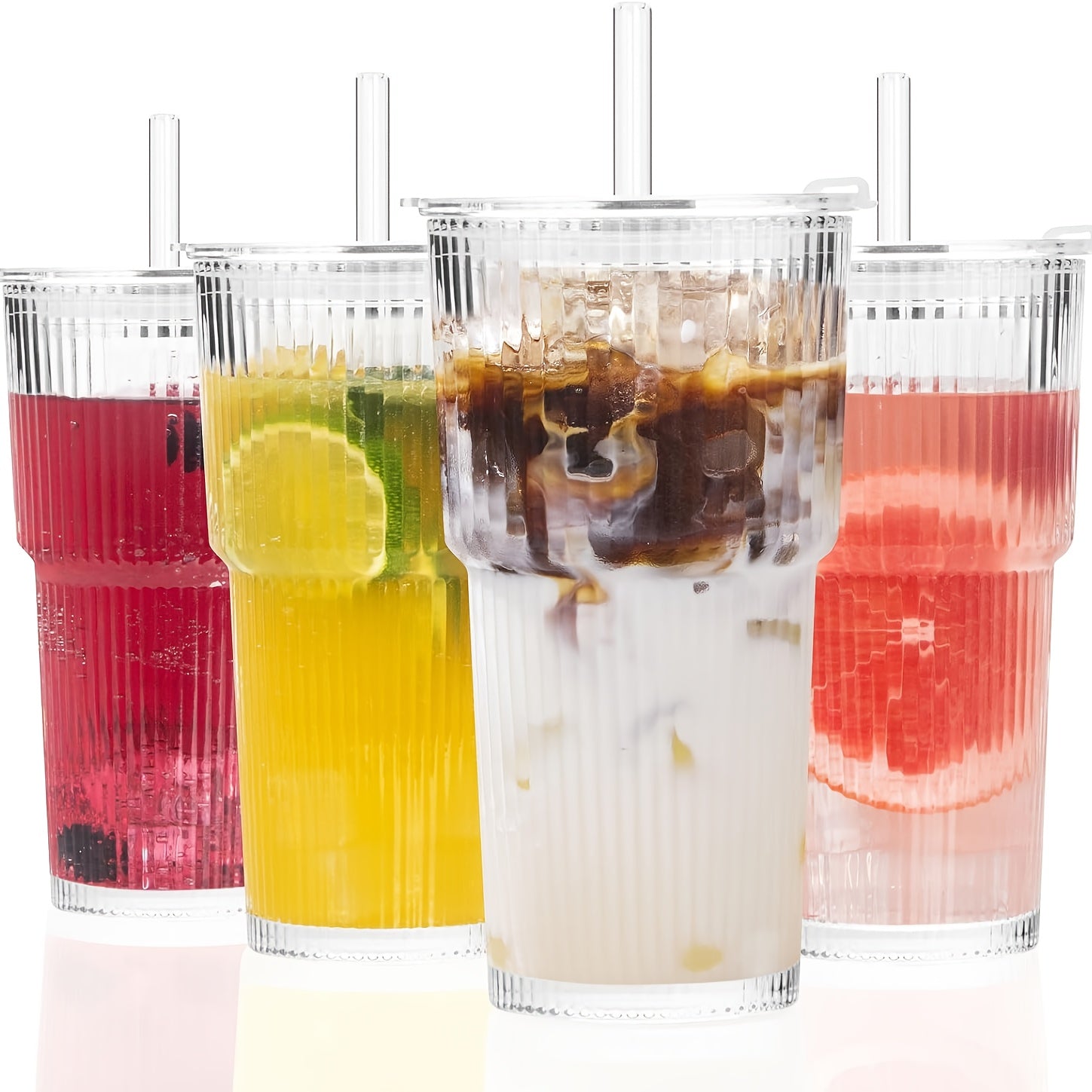 Set Of 4 Striped Glass Cups with Lids And Straws, 20oz/600ml Reusable Embossed Drinking Glasses for Coffee, Tea, Whiskey, Latte & Iced Drinks, Durable Dishwasher-Safe Glassware