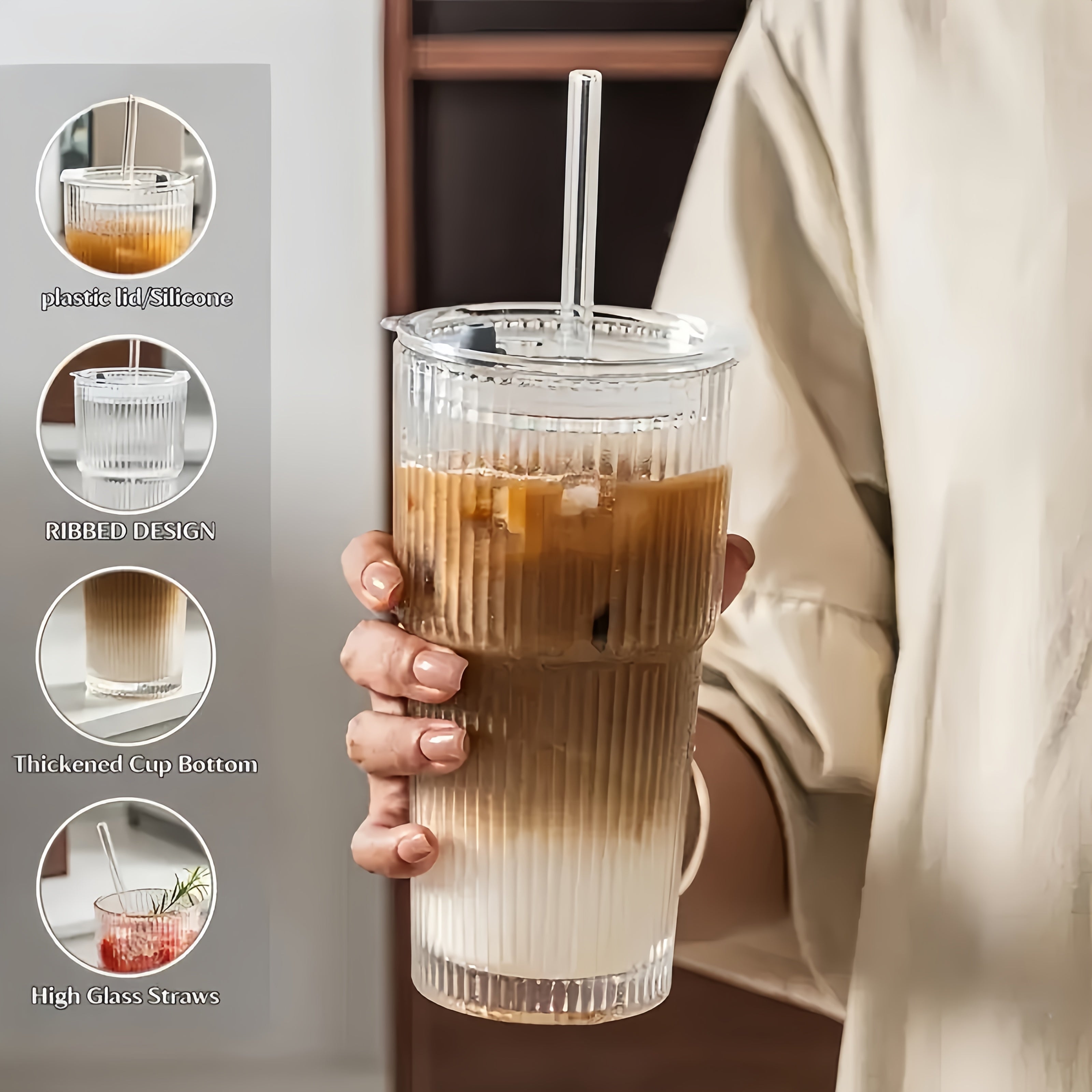 2 Ribbed Glass Cups with Plastic Lid And Straw+straw Brush, Perfect for Iced Coffee, Juice, Smoothie Cocktails, Etc., Suitable for Home, Office, Party Supplies, 20oz