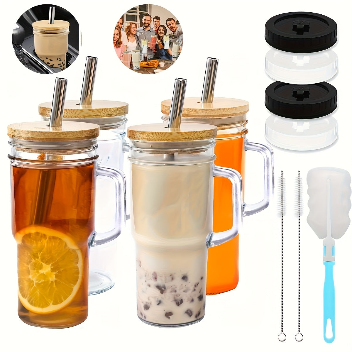 4pcs Handle Glass Cup, Reusable With Lid And Straw Wide Mouth Glass Cup, Boba Cup Smoothie Cup Iced Coffee Cup Car Cup, Free Straw Brush And Cup Brush