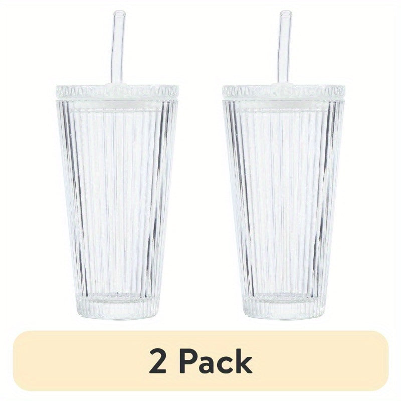 2pcs Ribbed 21oz Glass Tumblers with Lids & Straws - Clear, Reusable, Hand Wash Only, Perfect for Iced Beverages, Beverage Serving | Ribbed Glassware | Durable Glass