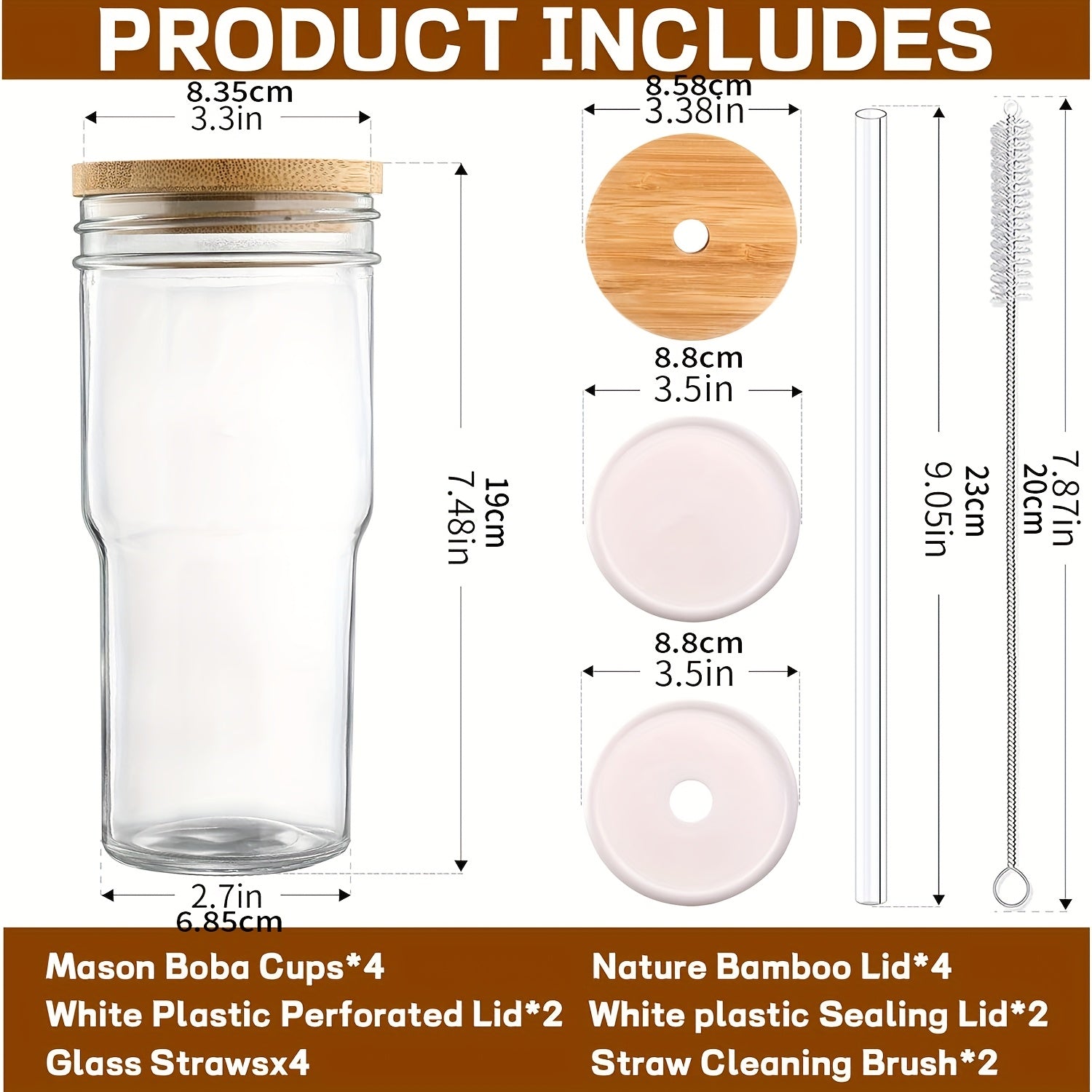 4pcs Lidded Glasses with Wooden And Sealed Lids, Smoothie Glasses with Straws - Boba Mason Jar, Wide Mouth Reusable Drinking Cups, Iced Coffee Mugs, Kitchen Drinkware, Water Bottles.