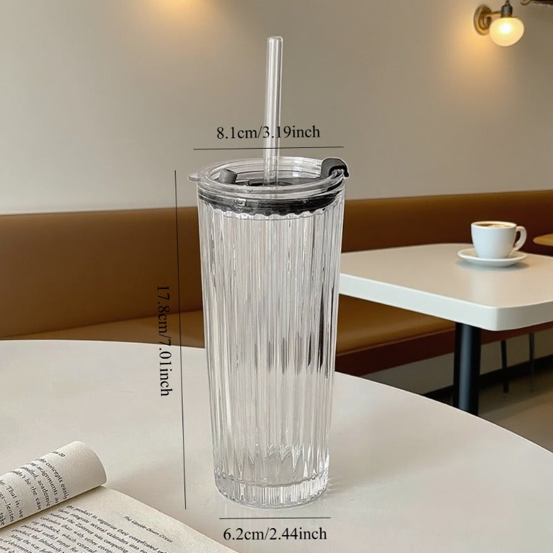 Large Capacity Clear Coffee Latte Cup with Lid & Built-in Straw - Elegant Modern Tumbler for Iced Americanos, Home, Office, or Gifts - Durable Glass Construction, Spill-Proof Design for Hot/Cold Beverages, Office Drinkware, Contemporary Drinkware, Premium