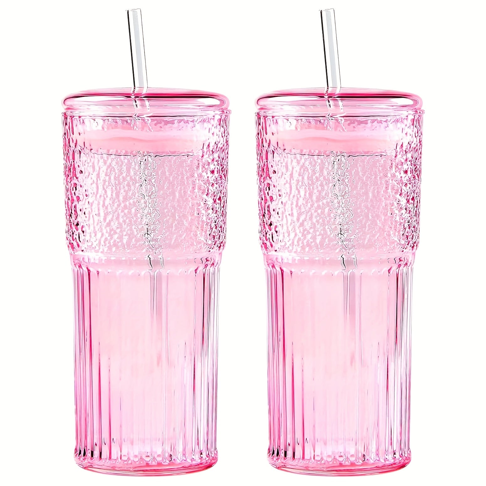 2/4pcs Combo Pack - 20 Oz Glass Coffee Mug With Lid And Straw, Pink/White Ice Water Mug For Iced Juice, Tea, Milk, Smoothies And Cold Or Hot Drinks. Kitchen Drinkware.
