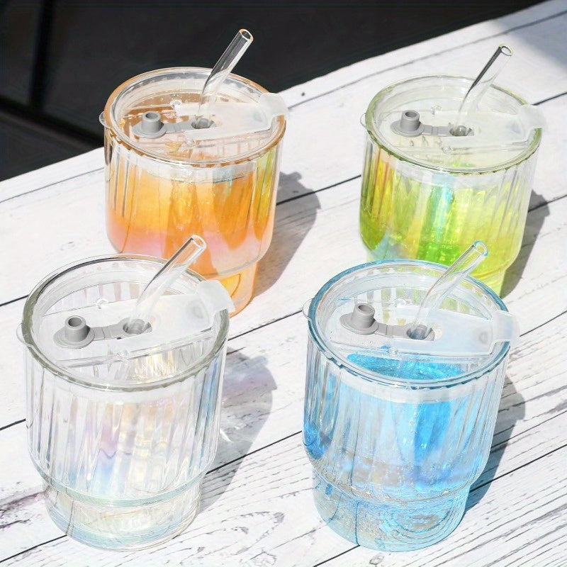 4 Pack Glass Cups with Lids and Straws Clear Iced Coffee Cups Cute Reusable 13oz Thickened Glass Tumbler Cups Travel Mug with Leak-Proof Sippy Lids for Morning Green Juice, Matcha