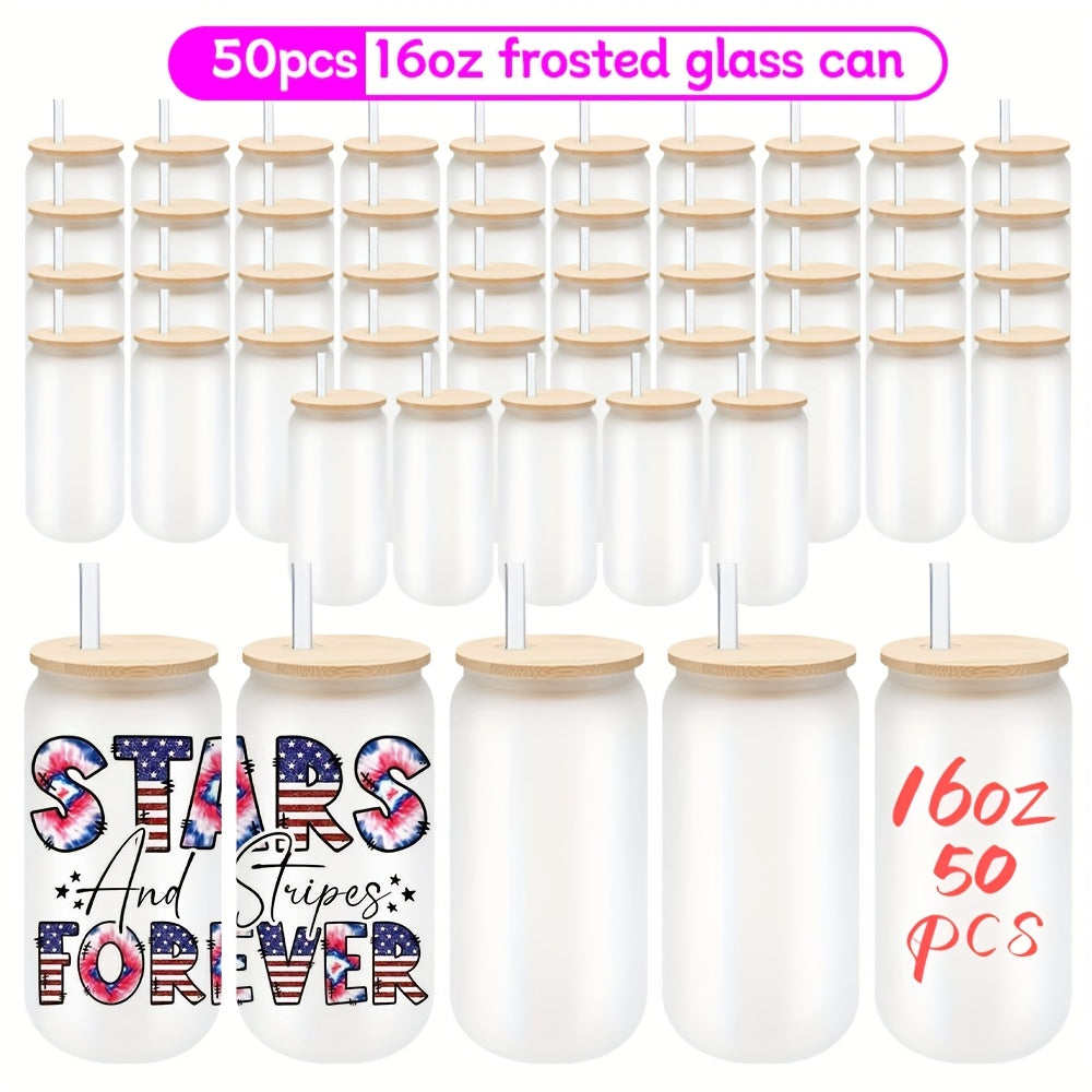50/25/12/8 Pack 16Oz Clear Or Frosted Sublimation Glass Cans With Bamboo Lid, Transparent Glass Tumblers With Plastic Straw, Sublimation Glass Cups With Bamboo Lids, With Individually Boxed, Ideal For Diy Gifts&Halloween, Christmas, For Juicing Coffee