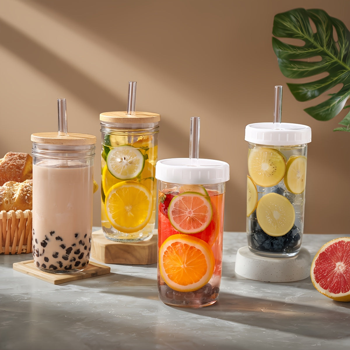 4pcs Mason Glass Cups, Hawaiian-style Coffee Cups, Gifts For His Wife'S Family, Thickened Glass! It Is Suitable For Bubble Tea, Matcha, Beverages, Fruit Juices, Ice Drinks, And Dinner Tableware