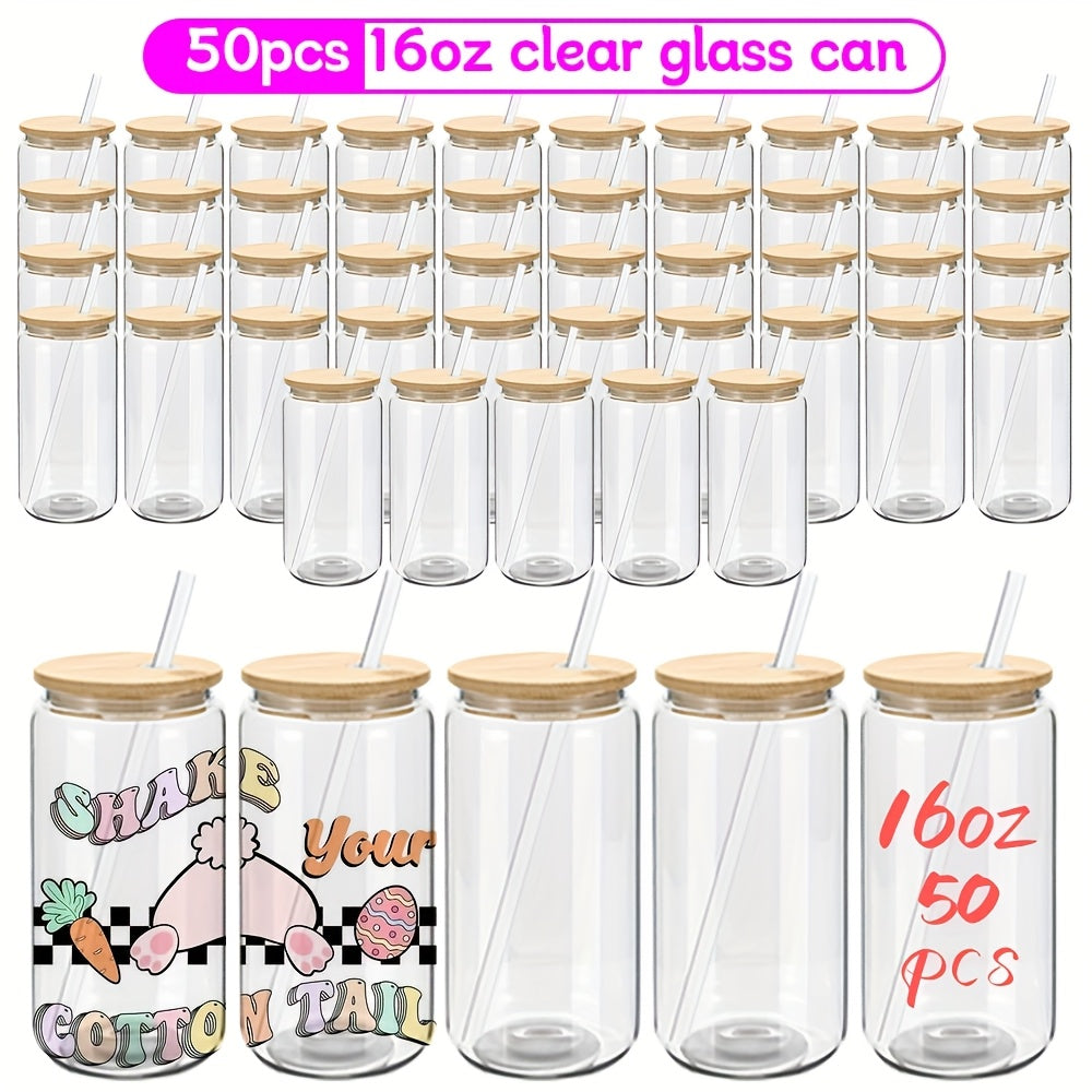 50/25/12/8 Pack 16Oz Clear Or Frosted Sublimation Glass Cans With Bamboo Lid, Transparent Glass Tumblers With Plastic Straw, Sublimation Glass Cups With Bamboo Lids, With Individually Boxed, Ideal For Diy Gifts&Halloween, Christmas, For Juicing Coffee