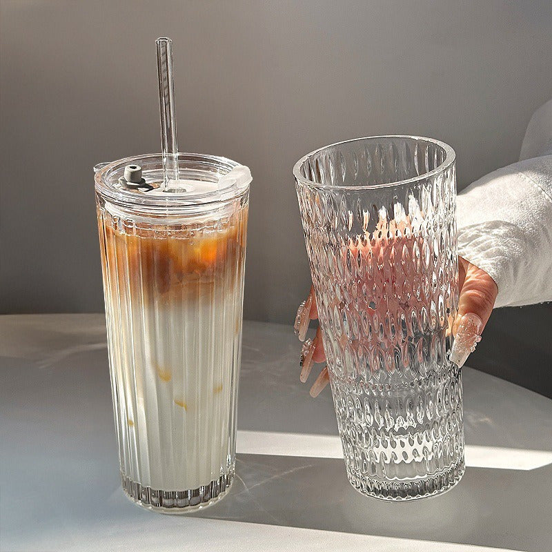 Large Capacity Clear Coffee Latte Cup with Lid & Built-in Straw - Elegant Modern Tumbler for Iced Americanos, Home, Office, or Gifts - Durable Glass Construction, Spill-Proof Design for Hot/Cold Beverages, Office Drinkware, Contemporary Drinkware, Premium