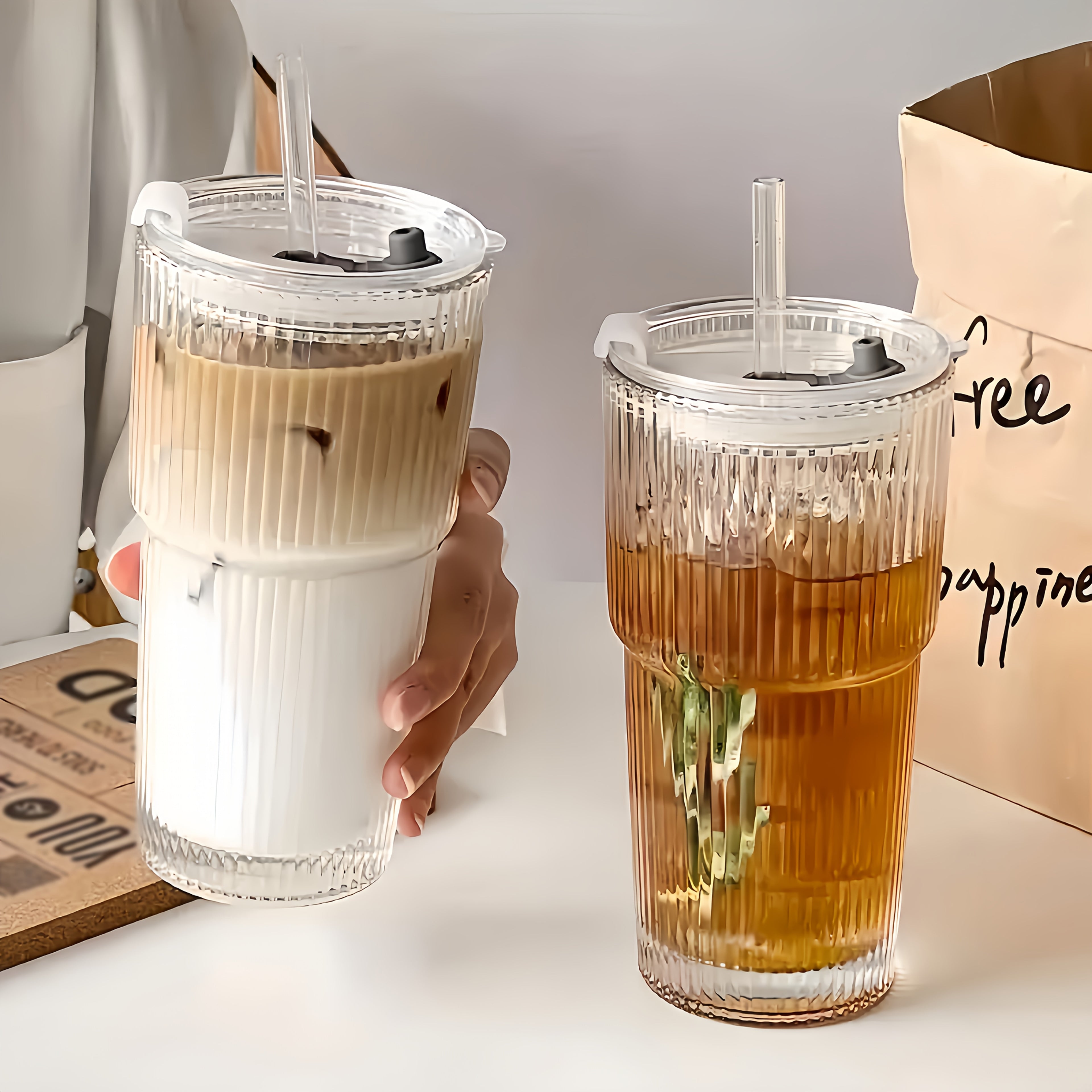 2 Ribbed Glass Cups with Plastic Lid And Straw+straw Brush, Perfect for Iced Coffee, Juice, Smoothie Cocktails, Etc., Suitable for Home, Office, Party Supplies, 20oz