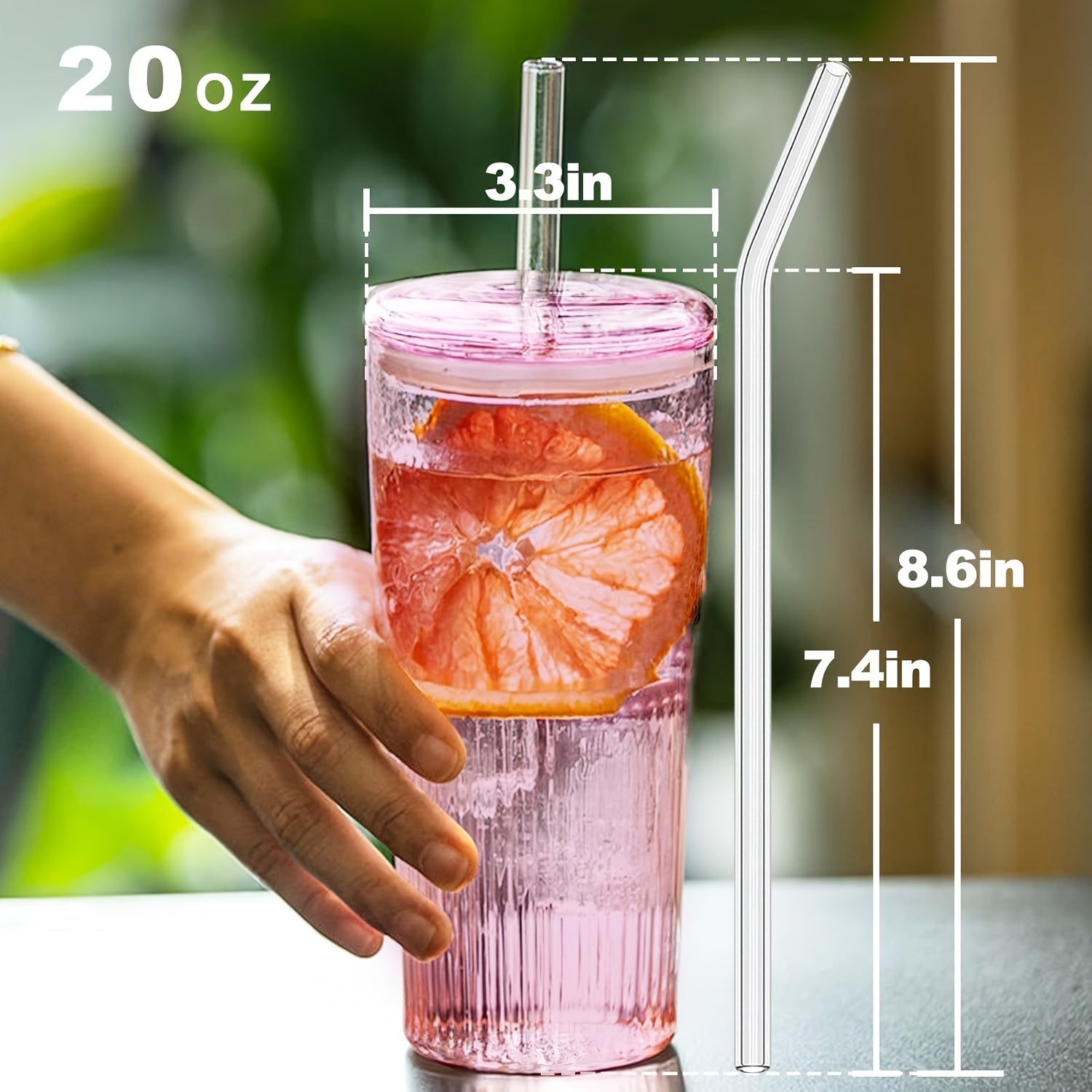20oz - Set Of 2 Glass Cups with Lids And Straws, Pink/clear Glass Water Cups, for Iced Juice, Tea, Milk, Smoothies, And Cold Or Hot Drinks. Glass Iced Tea Cups.