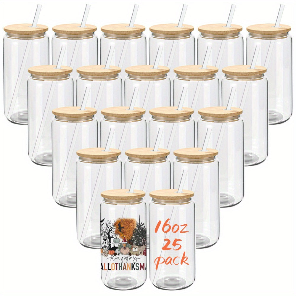 50/25/12/8 Pack 16Oz Clear Or Frosted Sublimation Glass Cans With Bamboo Lid, Transparent Glass Tumblers With Plastic Straw, Sublimation Glass Cups With Bamboo Lids, With Individually Boxed, Ideal For Diy Gifts&Halloween, Christmas, For Juicing Coffee