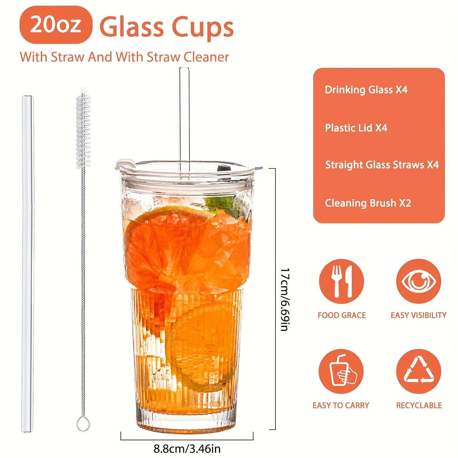 Glasses With Lid And Straw, Set Of 4 - Stylish Ribbed Design Drinking Cups For Iced Coffee Cups, Juices, Smoothies, Cold Drinks, Cleaning Brushes Included, Durable Glassware