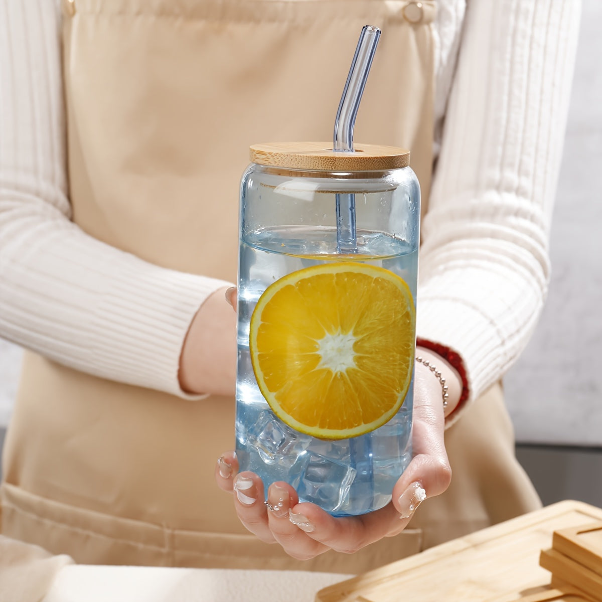 4pcs Glass with Lid & Straw - Bamboo Lid Straw Drink Cup-High Value Coffee Cup Household Glass-Explosion-proof with Lid-Strong and Durable Reusable-Christmas Gift